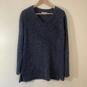 Orvis Womens Chenille Sweater Large Blue V Neck Cozy Classic Outdoor Stretch